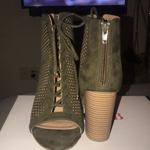 Olive green lace up booties, chunky heel